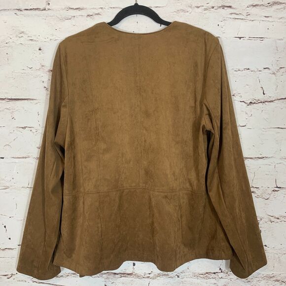 J. Jill Faux Suede Asymmetric Moto Jacket Size Large Camel Brown Chic Layering - Picture 2 of 7